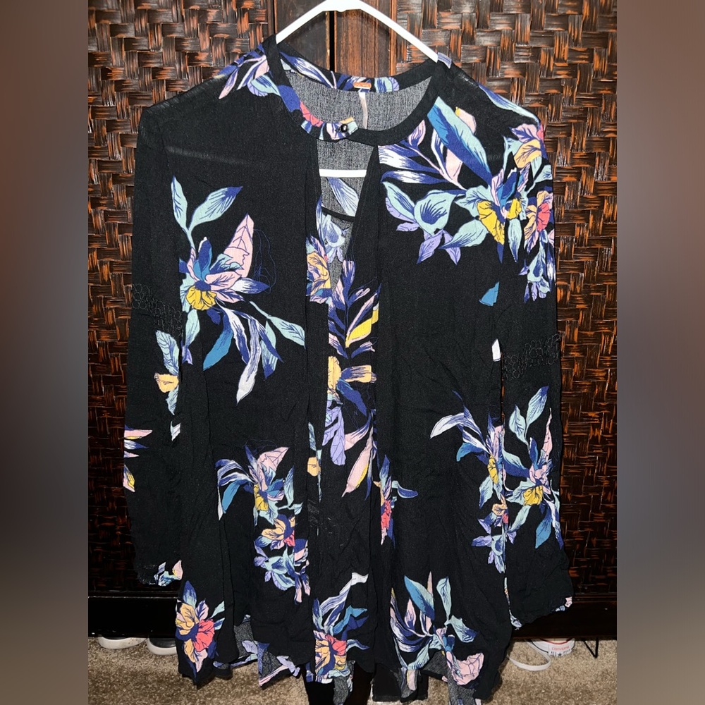 Free People Womens Shift Dress Black Blue Floral Keyhole Neck Puff Sleeve